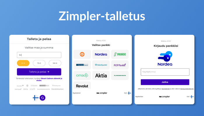 Zimpler-talletus vaihe vaiheelta: valitse summa,  valitse oma pankkisi ja vahvista maksu