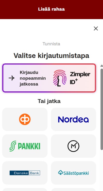 Zimpleriä käyttävä voi valita pankkitunnistautumisen tai Zimpler ID:n