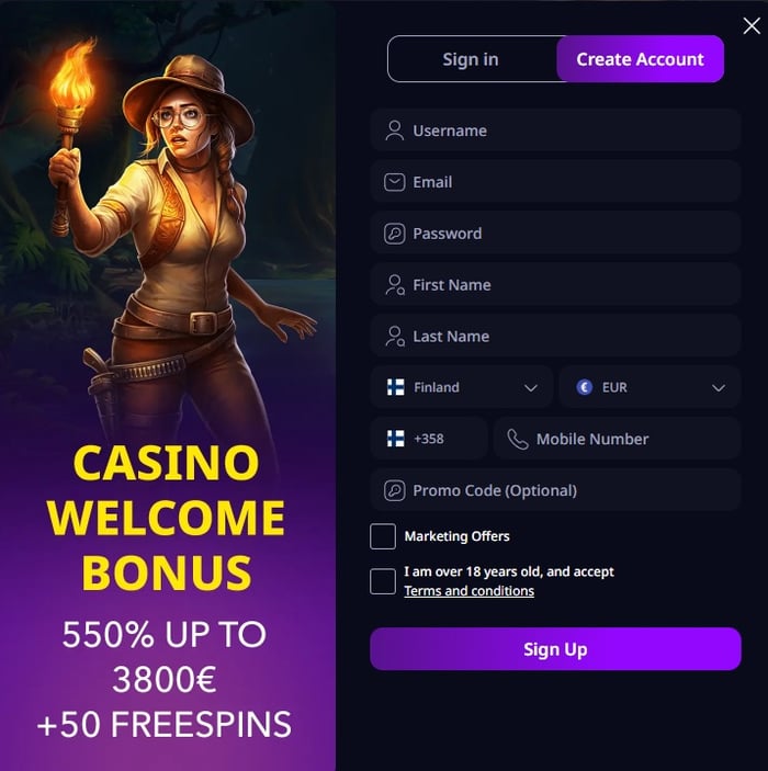 Zizobet Live Casinolle rekisteröityminen tapahtuu syöttämällä henkilö- ja yhteystiedot etusivun lomakkeeseen.