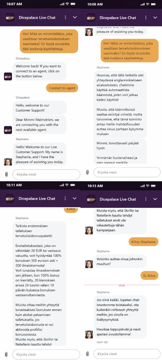 Keskustelut Dice Palacen asiakastuen kanssa.
