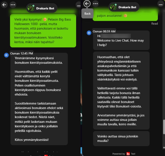 Drakaris Casinon livechat: asiakaspalvelija vastaa kierrätysvaatimuksesta käännöstyökalun avulla.