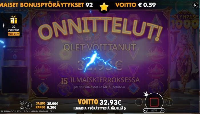 32,93 euron voitto ilmaiskierroksilla.