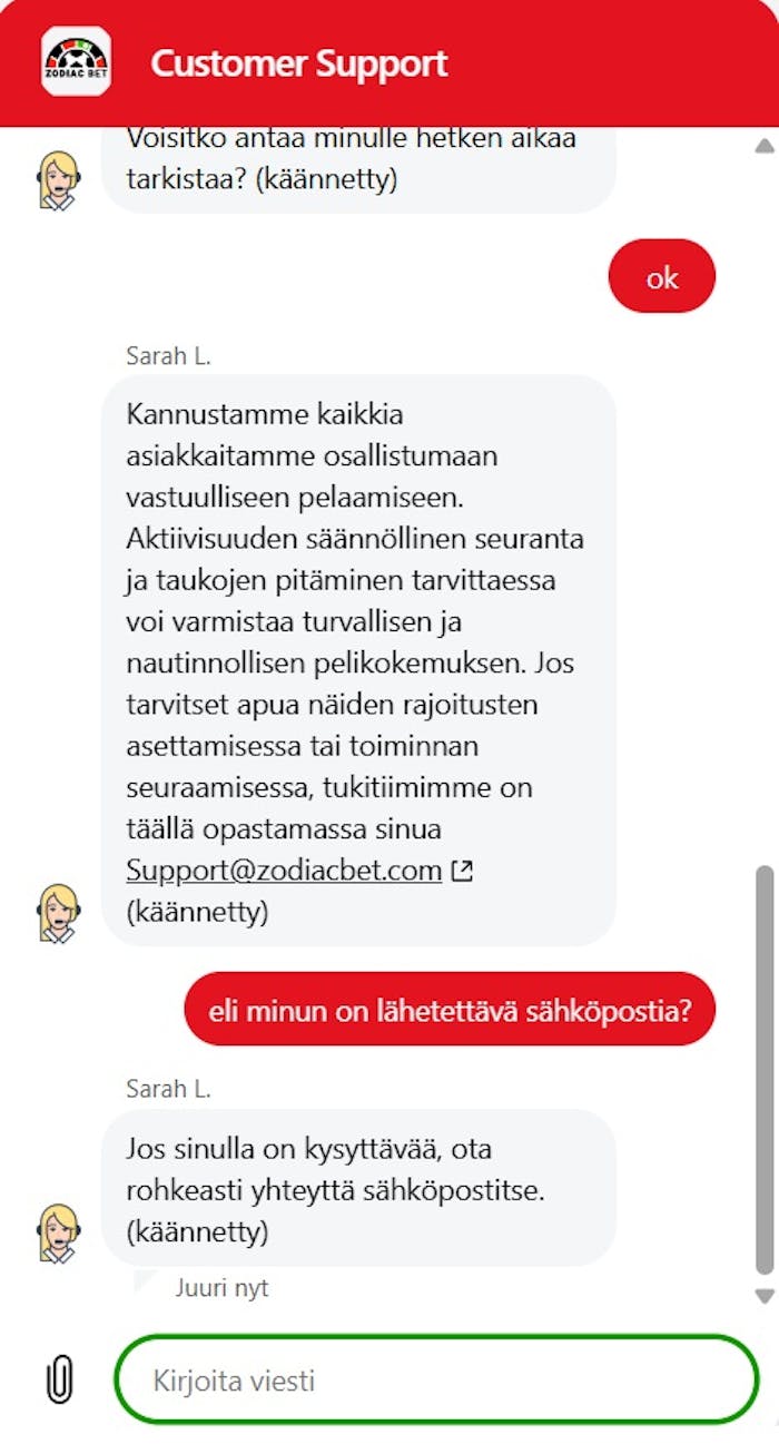Zodiac Bet Casino live chat keskustelu vastuullisen pelaamisen työkalujen aktivoinnista.