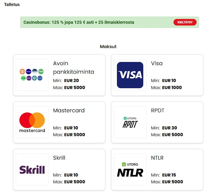 Zodiac Bet Casinolla talletus tapahtuu esimerkiksi Visalla, Mastercardilla, Rapid Transferilla ja Skrillilla.