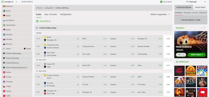 Zodiac Bet Casinolla on hyvä valikoima vetokohteita, muun muassa kotimainen Finland Veikkausliiga.