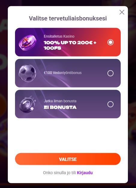 Tonybet Casinon tervetuliaisbonuksen valinta, jossa kasinobonuksena on 100 % talletusbonus 200 euroon asti ja 100 ilmaiskierrosta