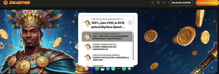 Zuluspins Casino bonus valitaan ensimmäisen talletuksen yhteydessä pudotusvalikosta.