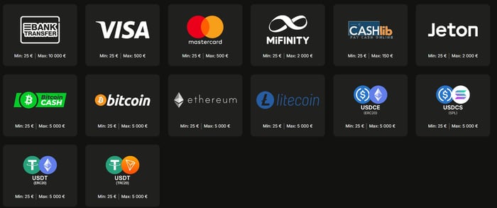 Zuluspins Casinon maksutapoihin kuuluu muun muassa pankkisiirto, Visa, Mastercard, MiFinity ja Bitcoin.
