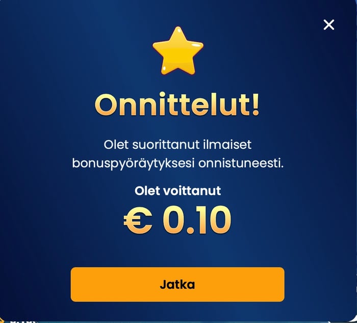 Hurmio-kasinon 15 ilmaiskierroksen jälkeen saatu 0,10 euron voitto