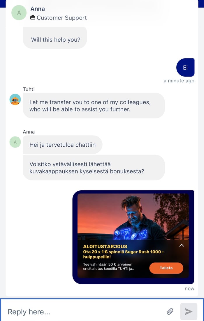Tuhdin asiakastuen vastaukset live chatissa suomeksi ja englanniksi.
